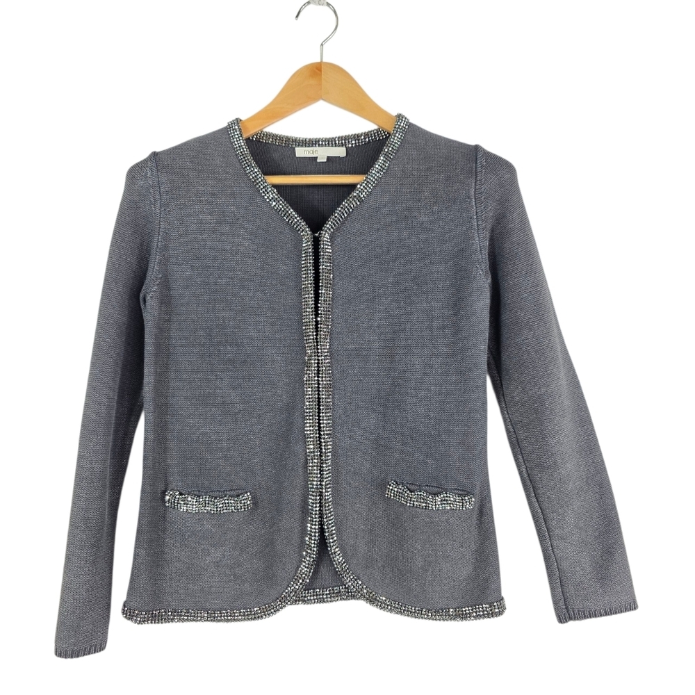 Maje Knit linen and cotton with rhinestones/ beaded trim cardigan